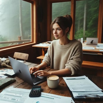 DALL·E 2024-05-08 17.17.20 - A young woman named Ella, in her mid-20s, sitting at a rustic wooden desk surrounded by event planning materials. She has light brown hair tied back i-2