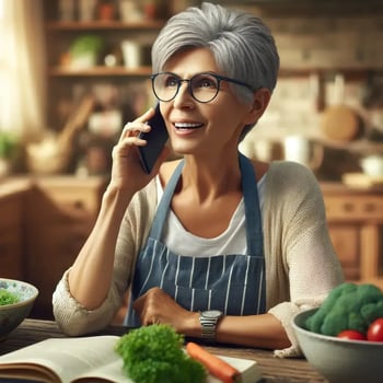 DALL·E 2024-05-09 10.46.30 - An image of an older woman named Vicky, with short gray hair and wearing glasses. She is depicted in a home kitchen setting, wearing an apron over cas-2