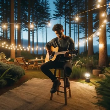 DALL·E 2024-05-09 11.02.24 - A serene outdoor evening scene with a young man named Theo, with short dark hair, playing an acoustic guitar. He is sitting on a wooden stool under st-2
